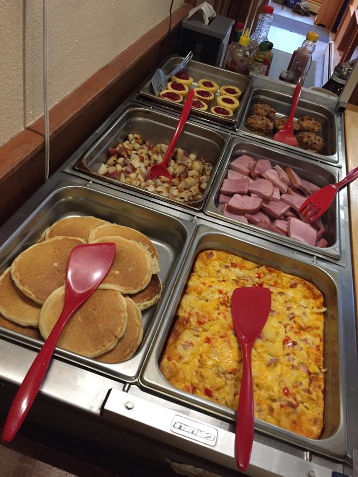 Free, hot breakfast buffet at Wiscasset Woods Lodge in Midcoast Maine.