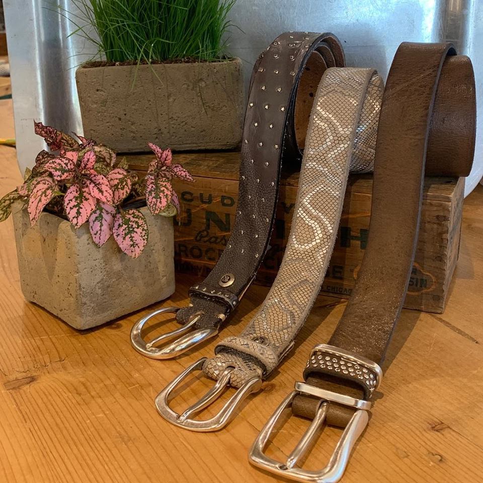 A variety of belts for sale at In the Clover in Wiscasset Maien