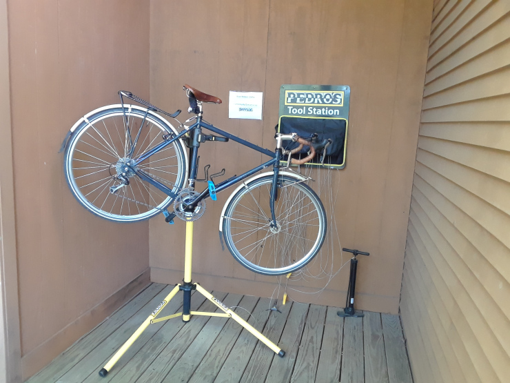 Bicycle repair stand and tool station courtesy of Pedro's. 