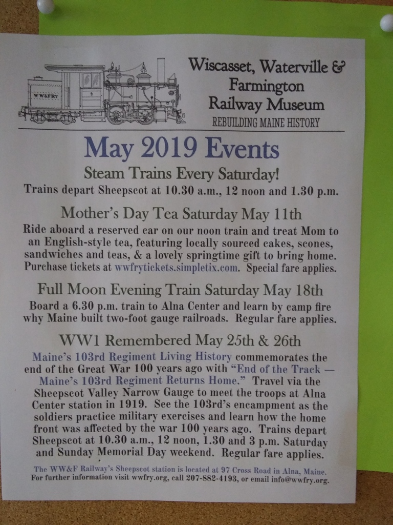 May activities at Wiscasset, Waterville and Farmington Railway. Know a train lover, check these out.